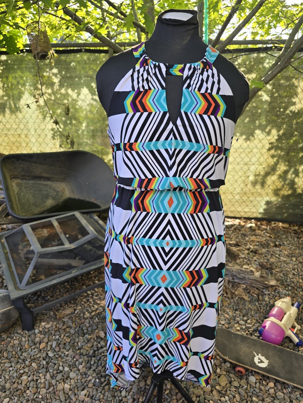 Vtg 90's Y2K Geometric Halter Dress Bright Chevron Print Indie Sleeze Mall Goth